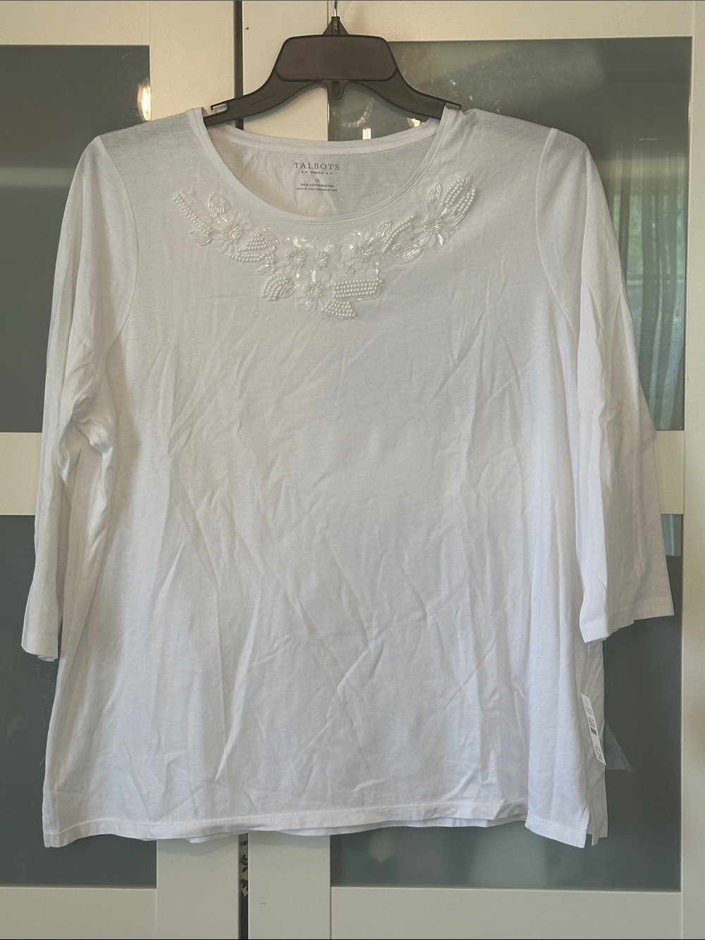 Talbots White Round Neck Long Sleeve Top with Beaded Detail